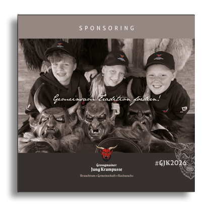 Titelseite des Sponsoring-Flyers 2026 der Grossgmainer Jung Krampusse: drei Kinder mit Krampusmasken, Schriftzug Gemeinsam Tradition fördern